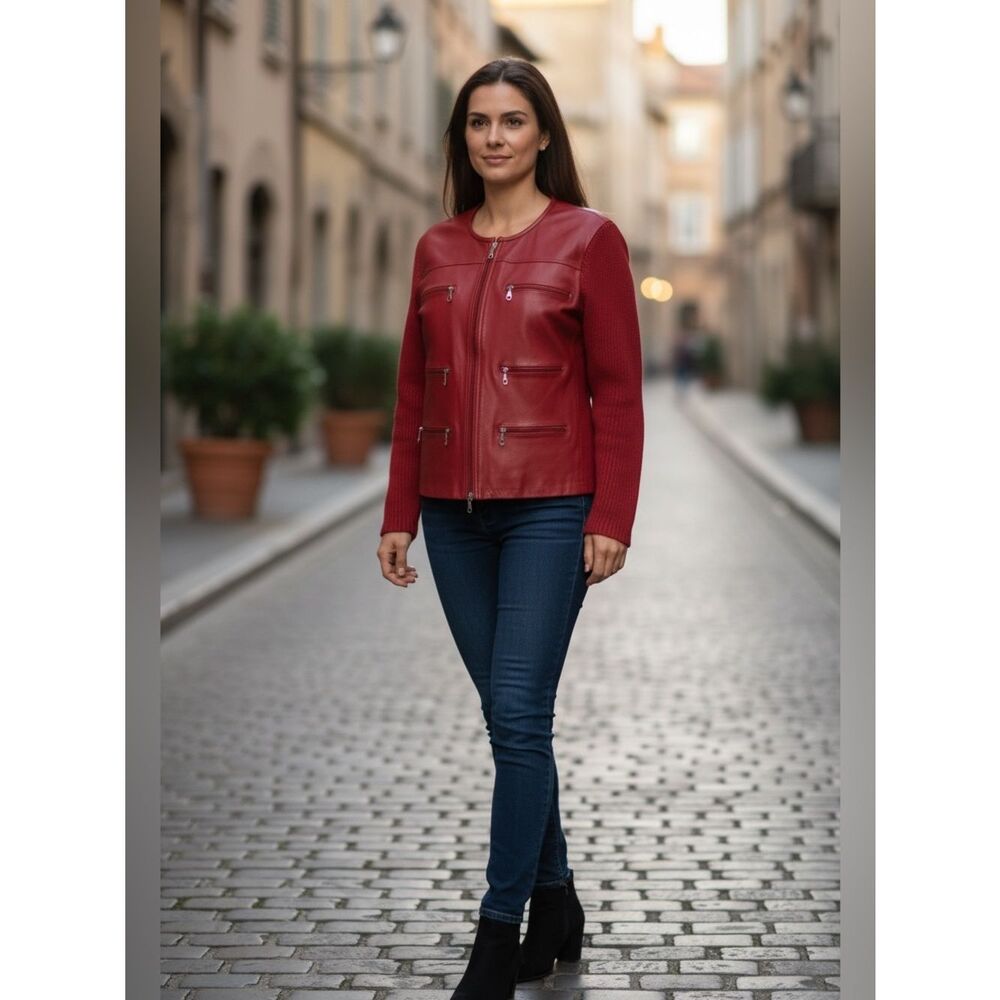 Maurice Sasson Vintage Red Leather Blend Front Zipper Pockets Jacker Size L